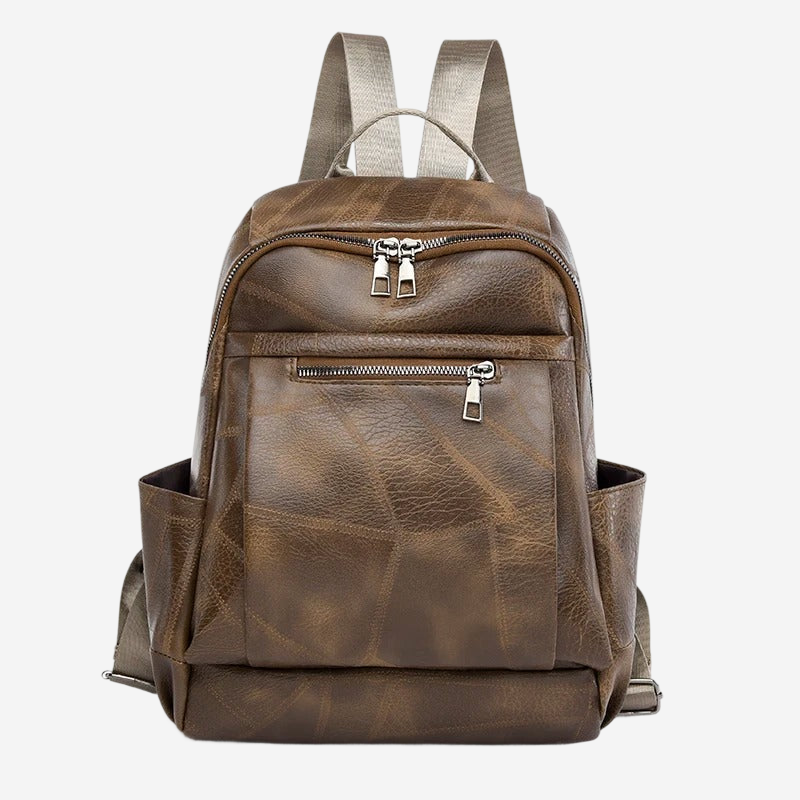 A brown leather backpack with multiple zippers and pockets, designed for carrying various items.