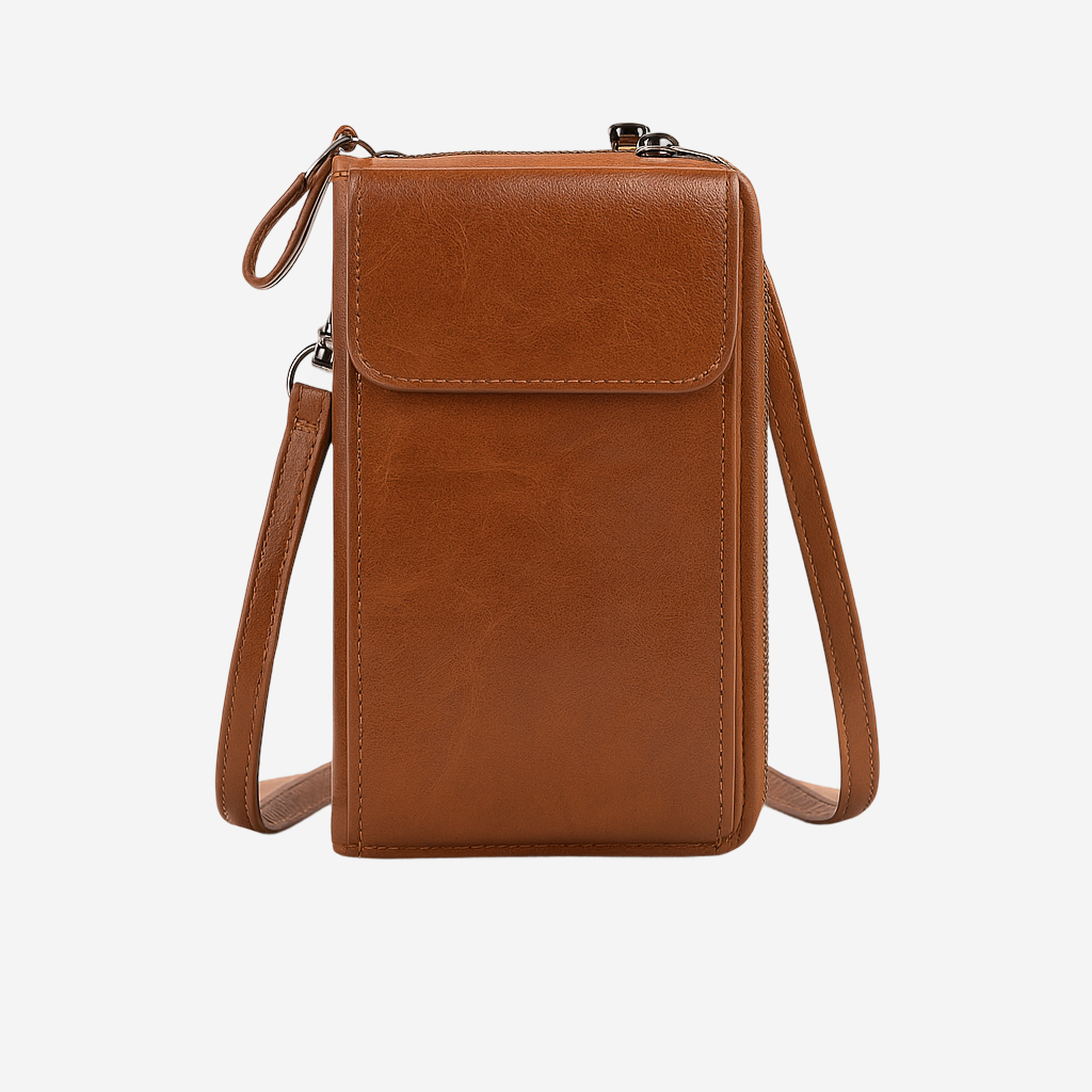 A brown leather crossbody bag with a zipper closure and two straps.