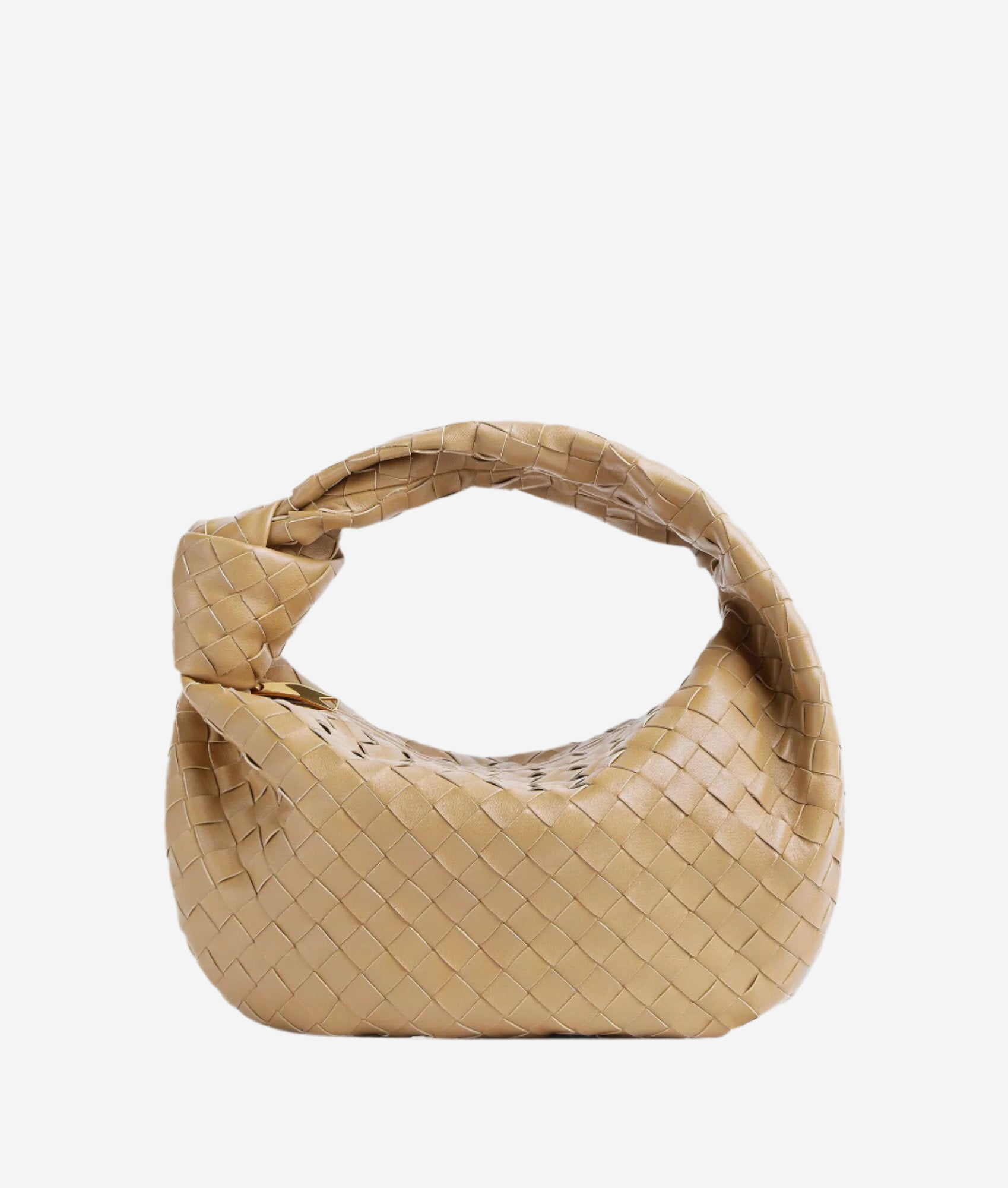 A tan woven handbag with a distinctive twisted shape and a small handle.