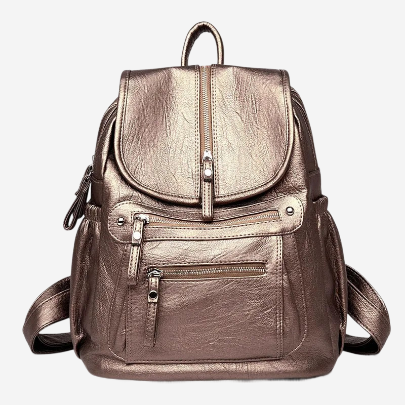 A metallic brown leather backpack with multiple pockets and zippers.