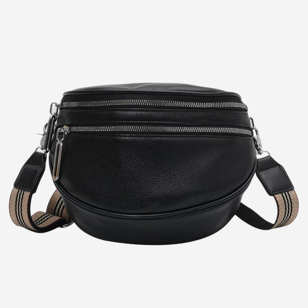 A black leather crossbody bag with multiple zippers and a striped strap.