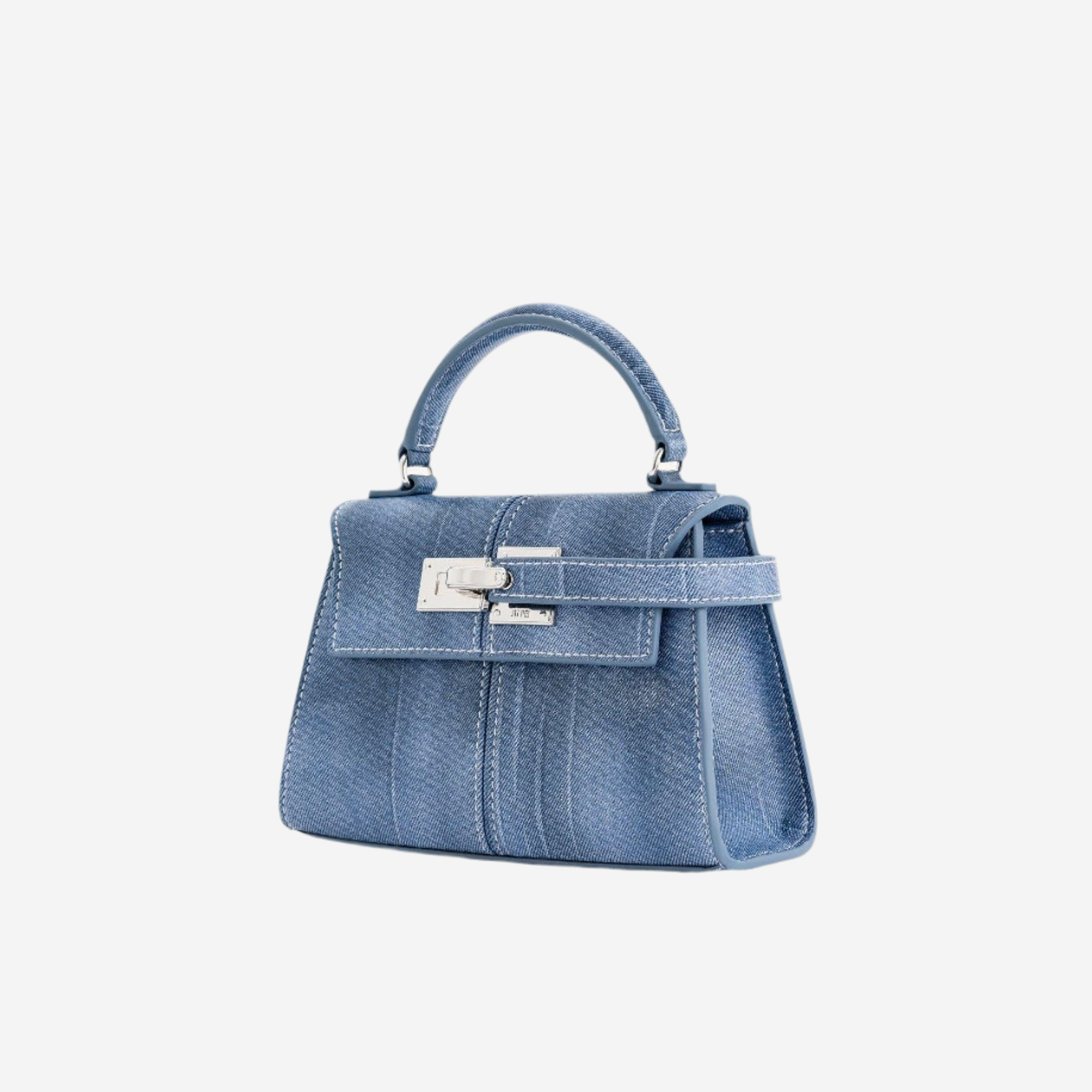 A small, blue denim handbag with a metal clasp and handle.