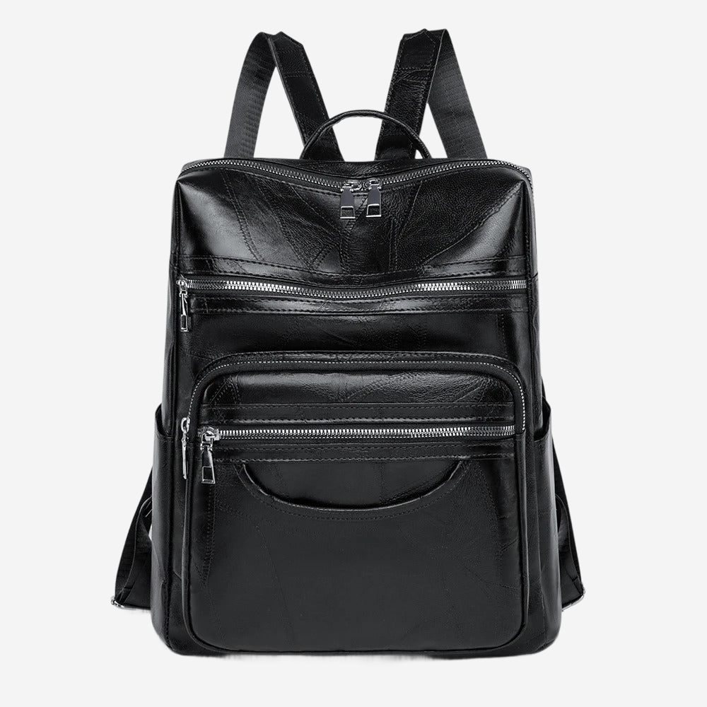 A black leather backpack with multiple zippers and compartments.