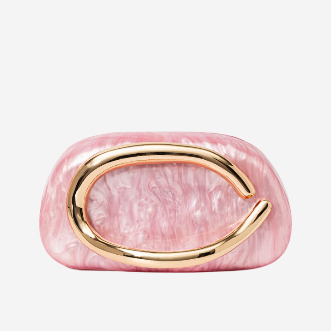 A pink, textured clutch purse with a gold-colored metal clasp.