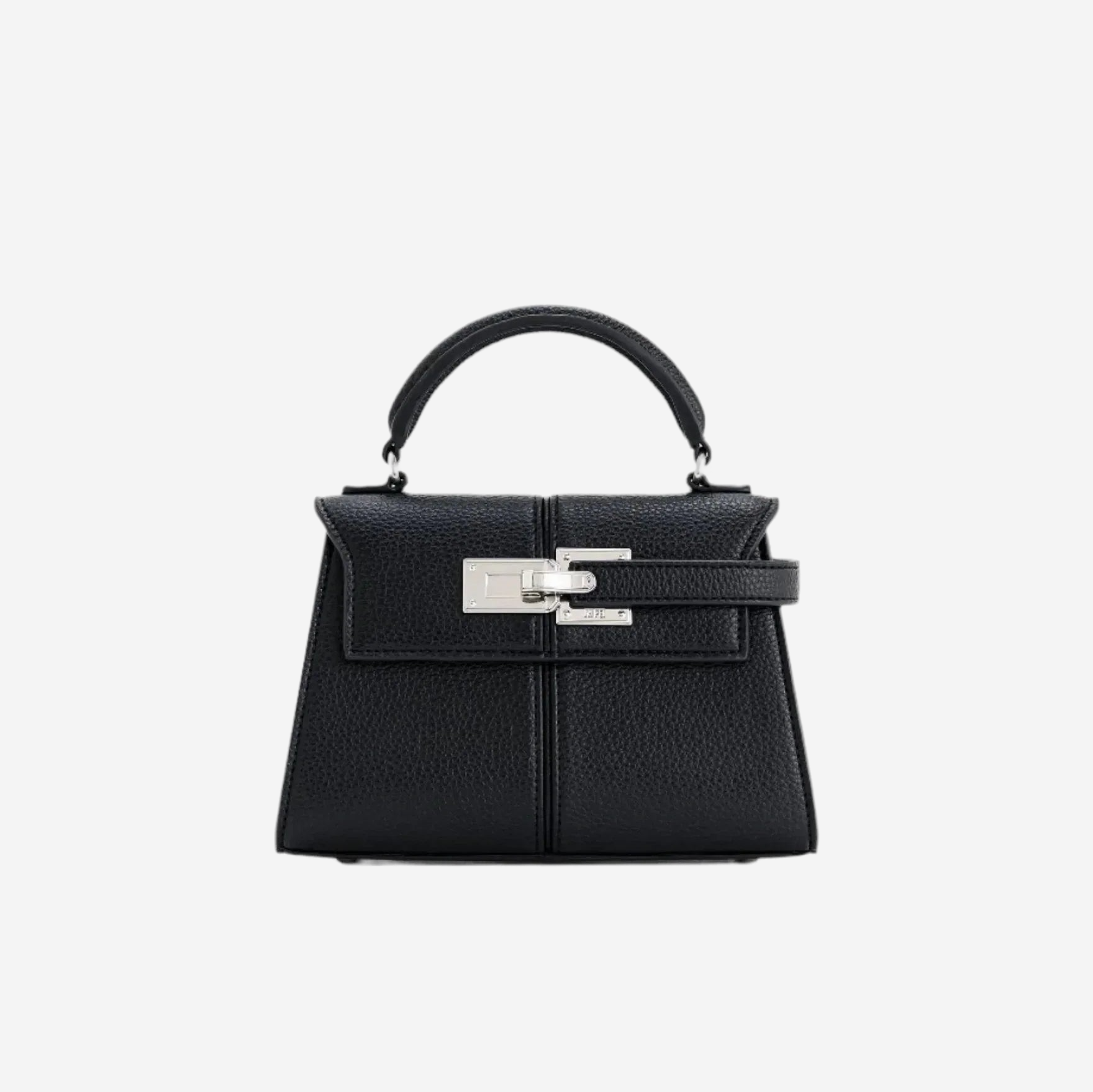 A small black leather handbag with a silver metal clasp and handle.