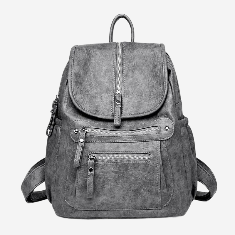 A gray leather backpack with multiple zippers and pockets.