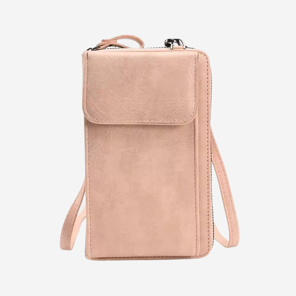 A tan-colored leather crossbody bag with a zipper closure and a small pocket on the front.