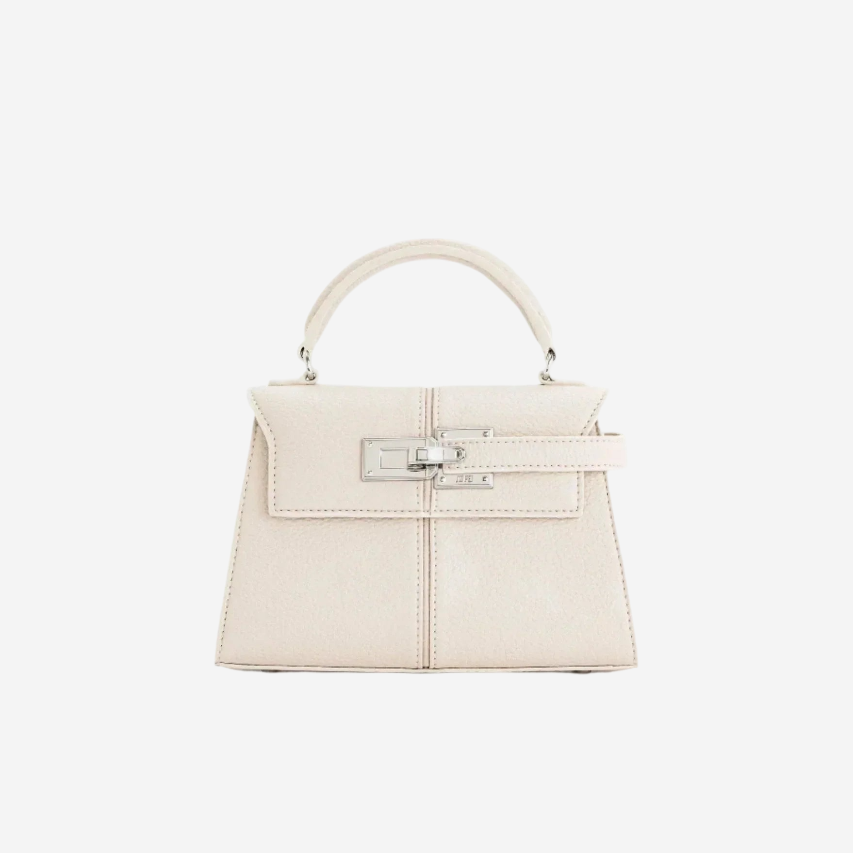 A small, light-colored leather handbag with a curved handle and a metal clasp closure.