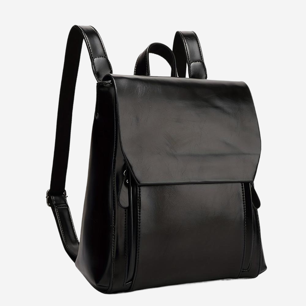 A black leather backpack with a flap closure and two straps.