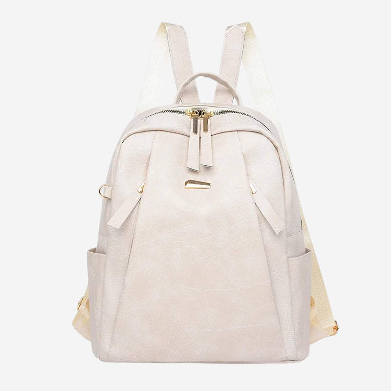 A beige leather backpack with a zipper closure and two shoulder straps.