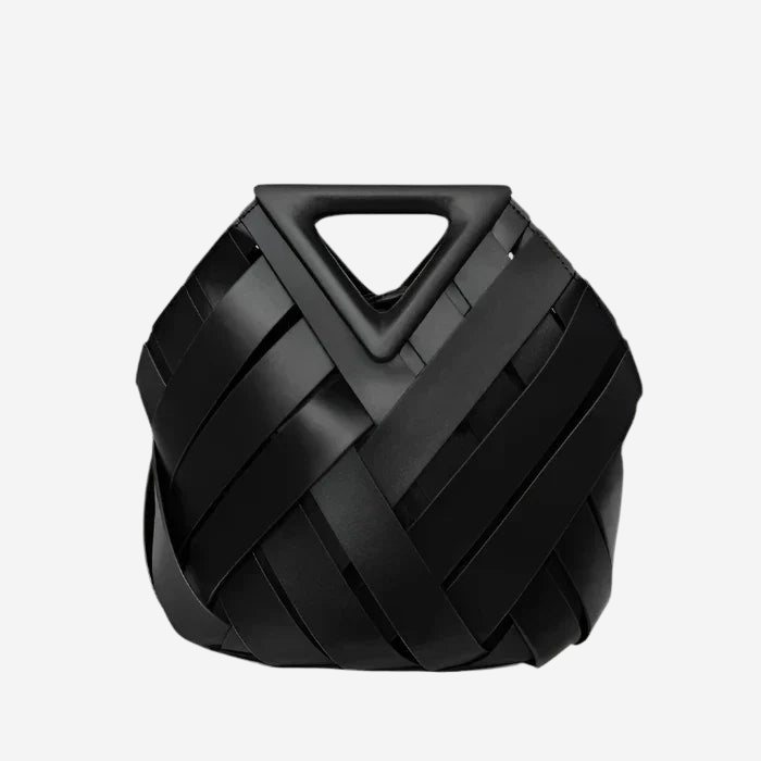 A black woven handbag with a triangular handle.