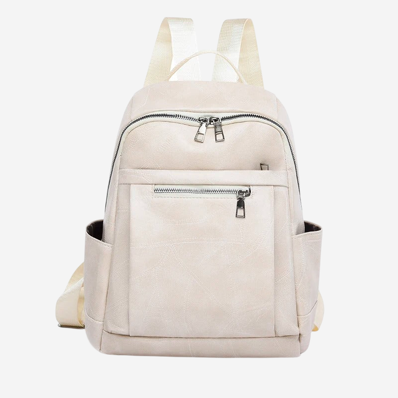 A beige backpack with multiple zippers and pockets, designed for carrying various items.