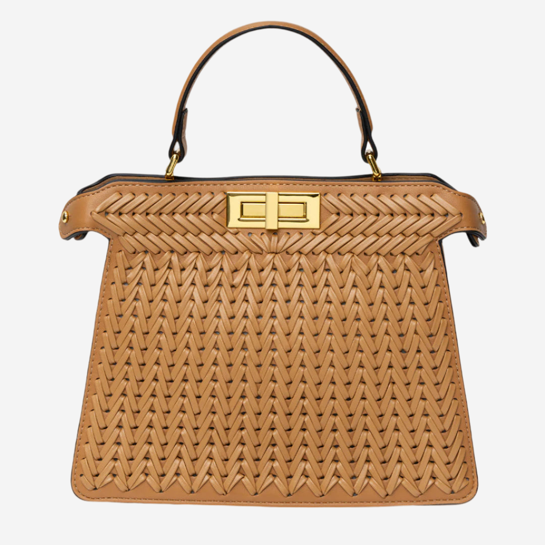 A tan leather handbag with a woven texture and a gold-colored clasp.