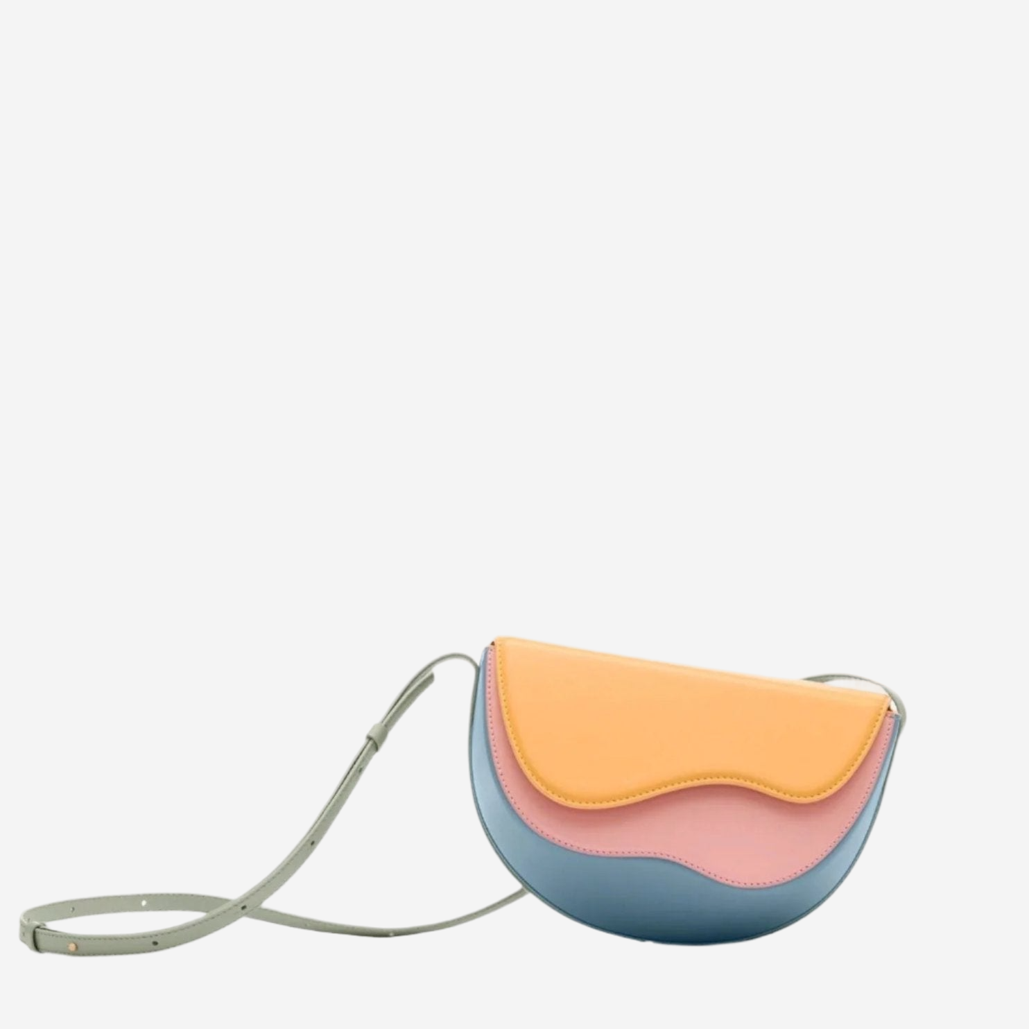 A colorful handbag with a curved shape and a strap.