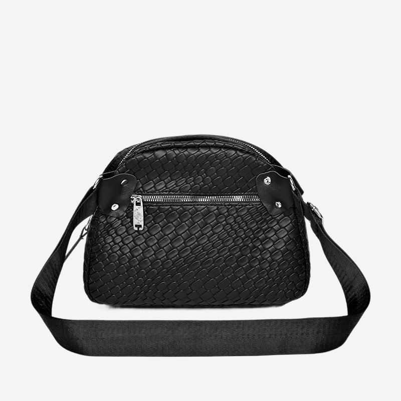 A black leather crossbody bag with a woven texture and a zipper closure.