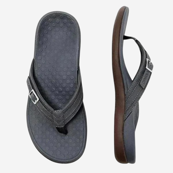 A pair of gray flip-flops with a brown strap.