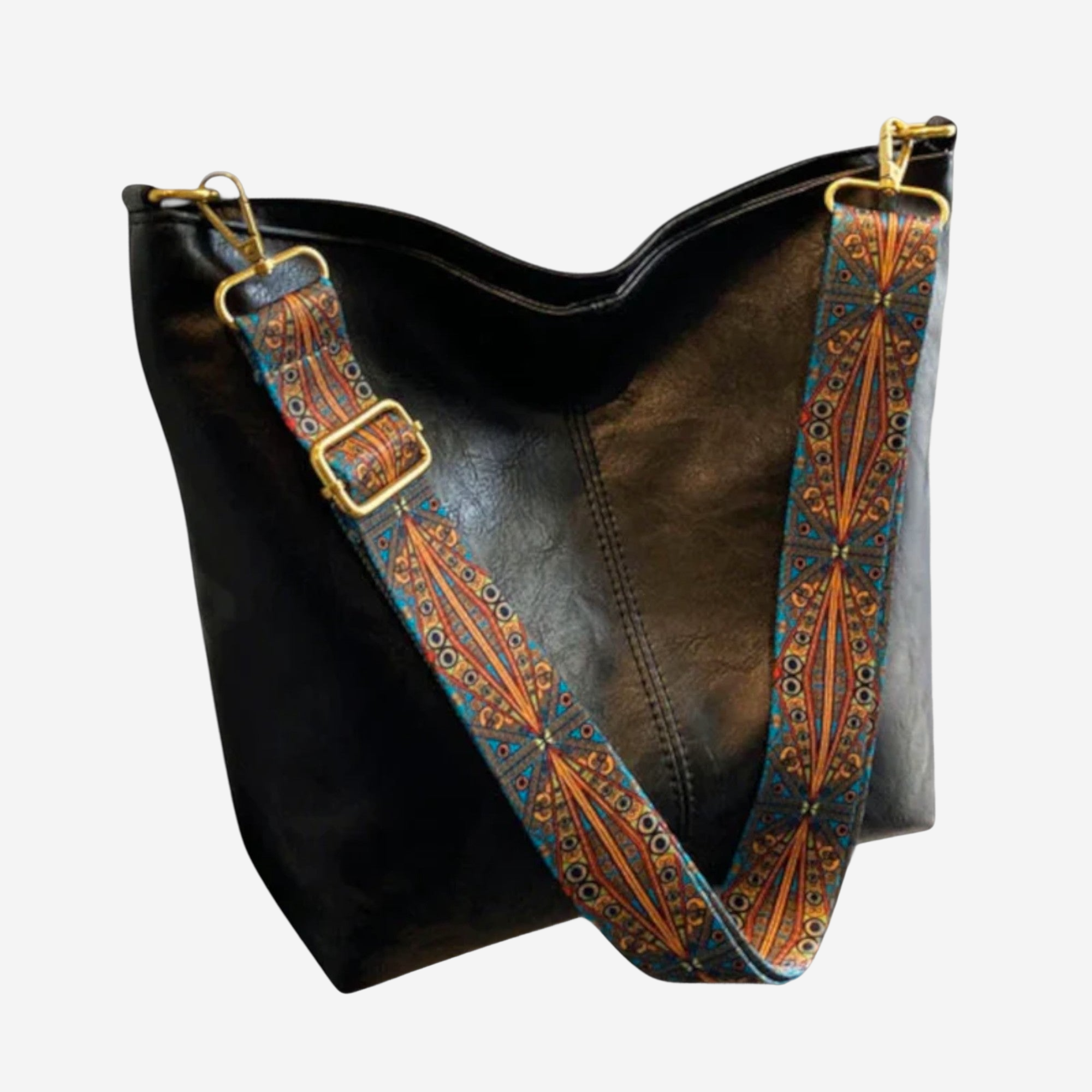 A black leather tote bag with a colorful patterned strap.