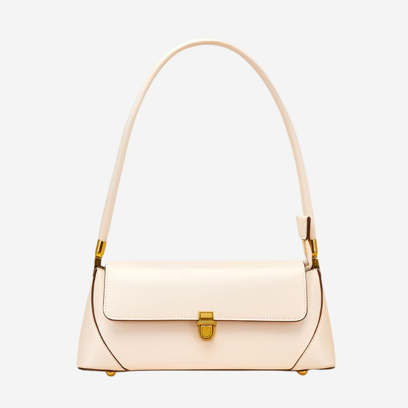 A cream-colored leather handbag with a gold-colored clasp and strap.