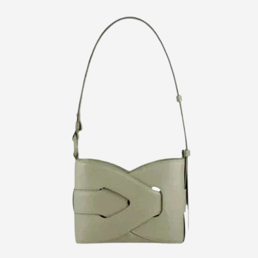 A light green leather handbag with a curved handle and a strap.