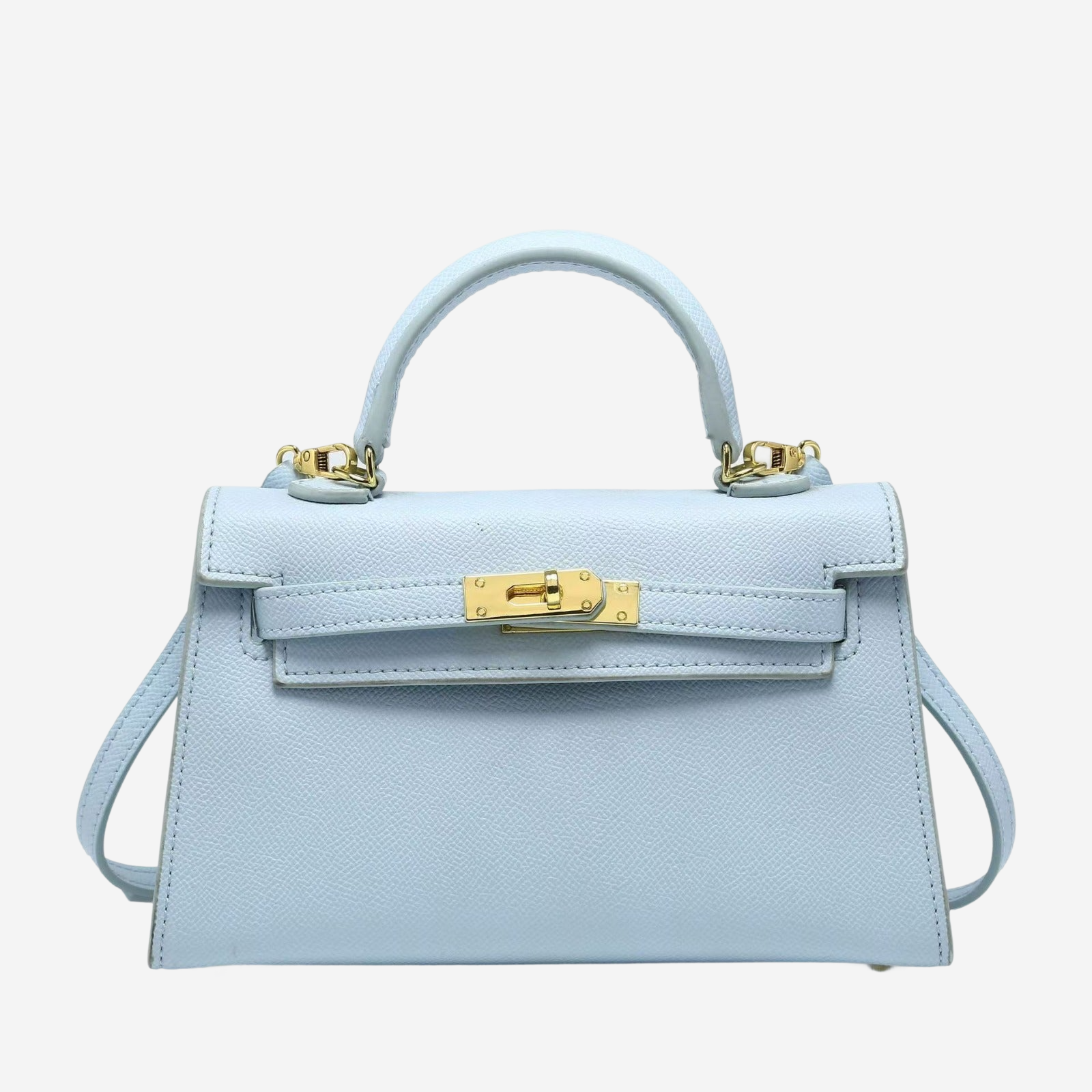 A light blue leather handbag with a gold lock closure and two gold-colored metal straps.