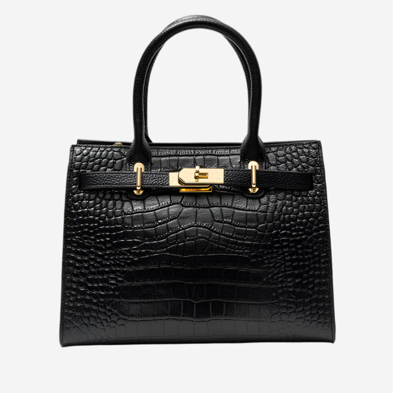 A black leather handbag with a crocodile skin texture and gold hardware.