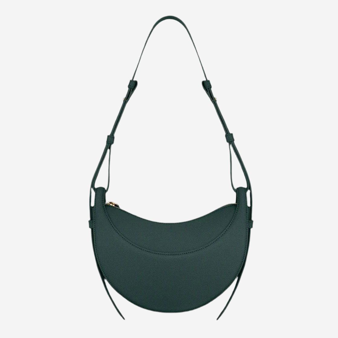 A dark green, curved handbag with a strap and zipper closure.