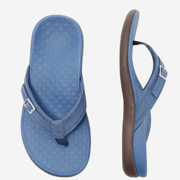 A pair of blue flip-flops with a brown sole.
