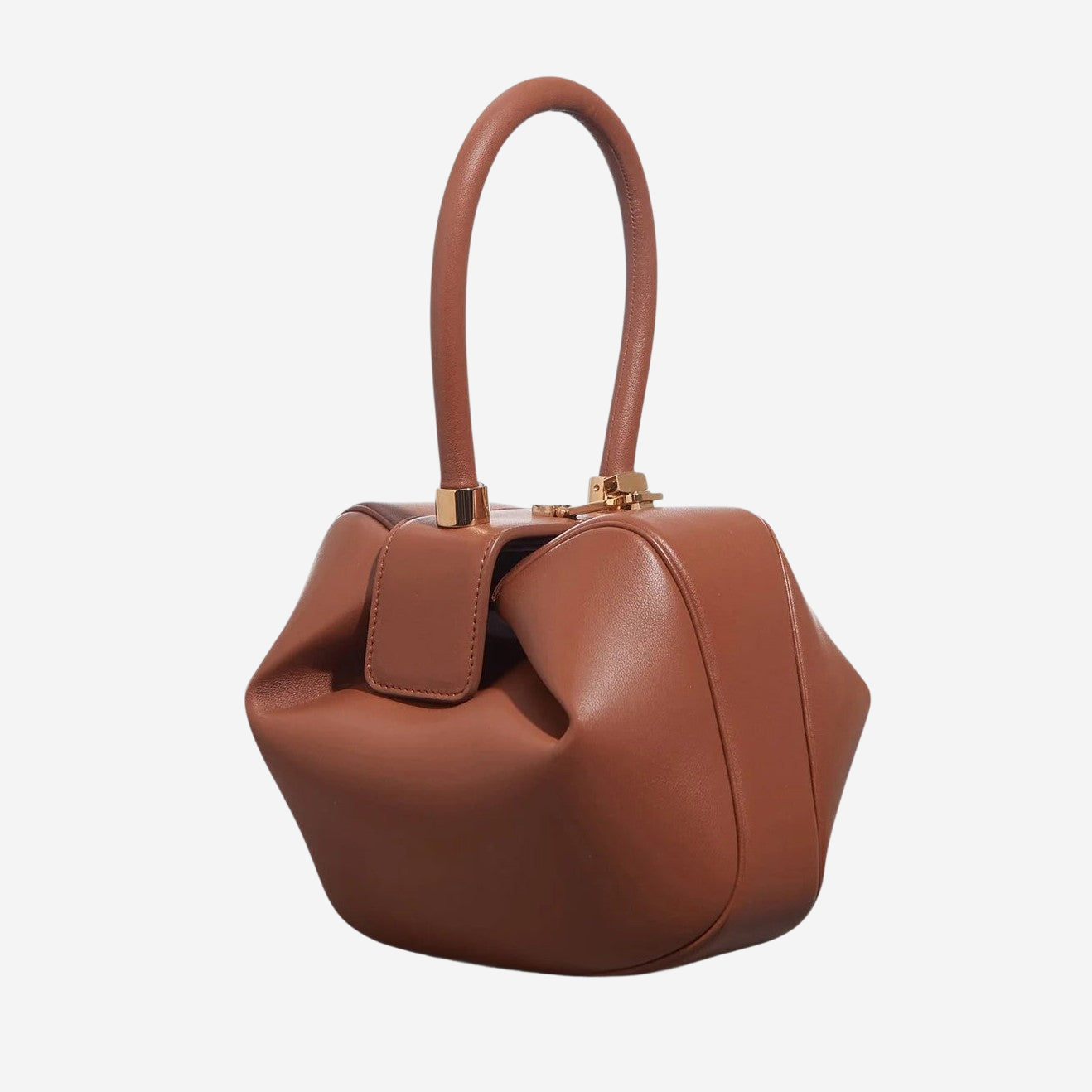 A brown leather handbag with a curved handle and a gold-colored clasp.
