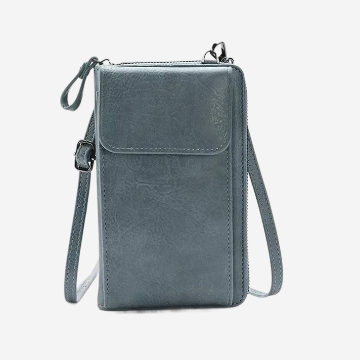 A gray leather crossbody bag with a zipper closure and a front pocket.