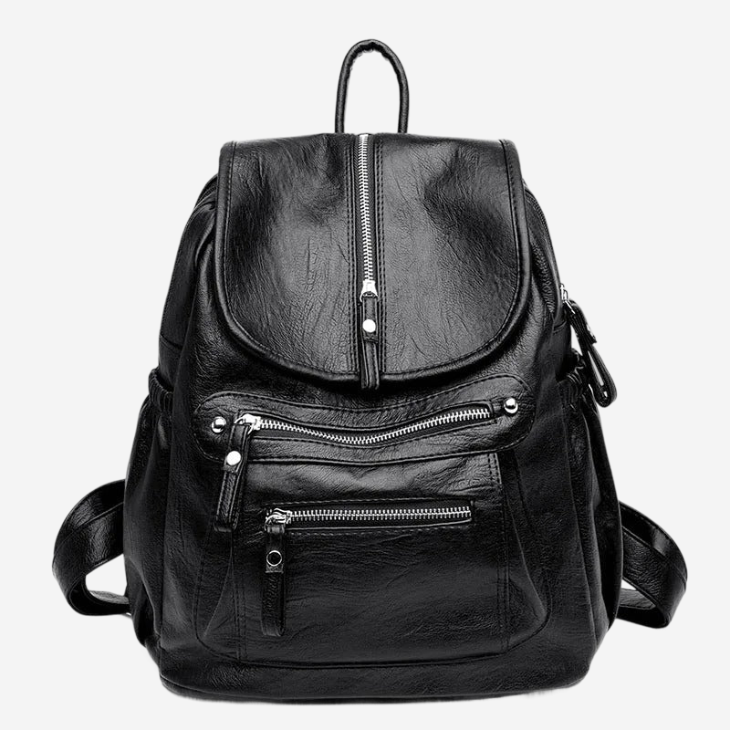 A black leather backpack with multiple zippers and pockets.
