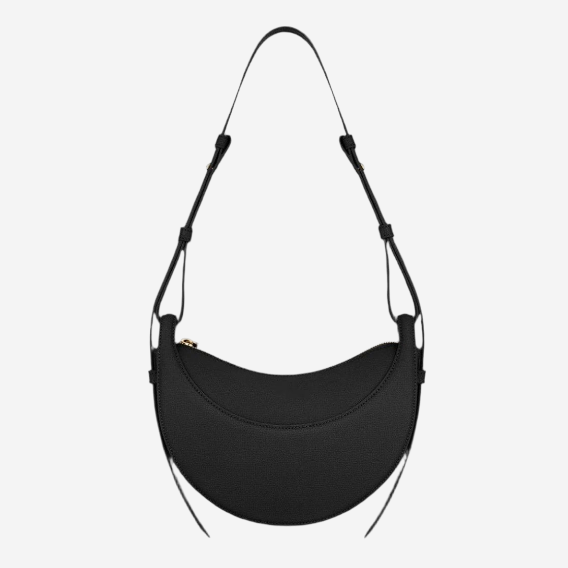 A black leather handbag with a curved shape and a strap.