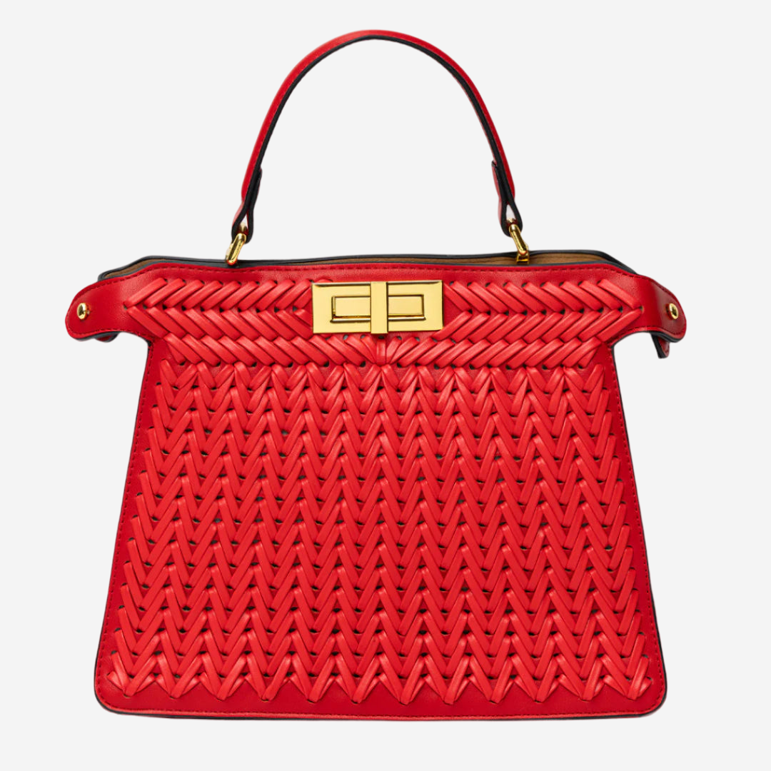 A red handbag with a braided pattern and a gold clasp.