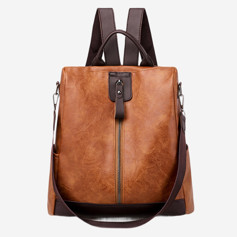 A brown leather backpack with a zipper closure and a brown strap.