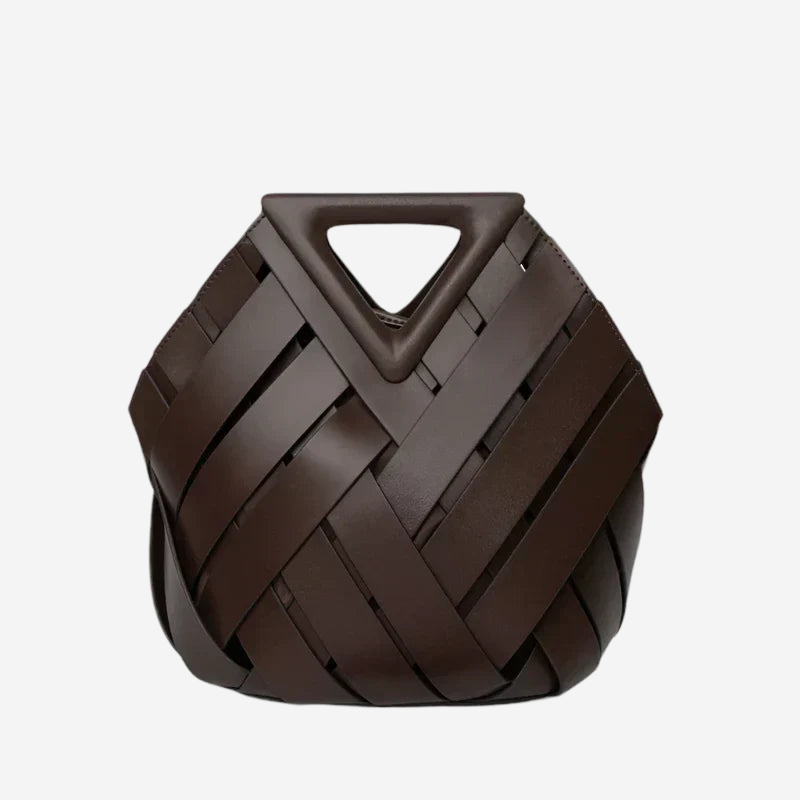 A brown leather handbag with a woven pattern and a triangular handle.