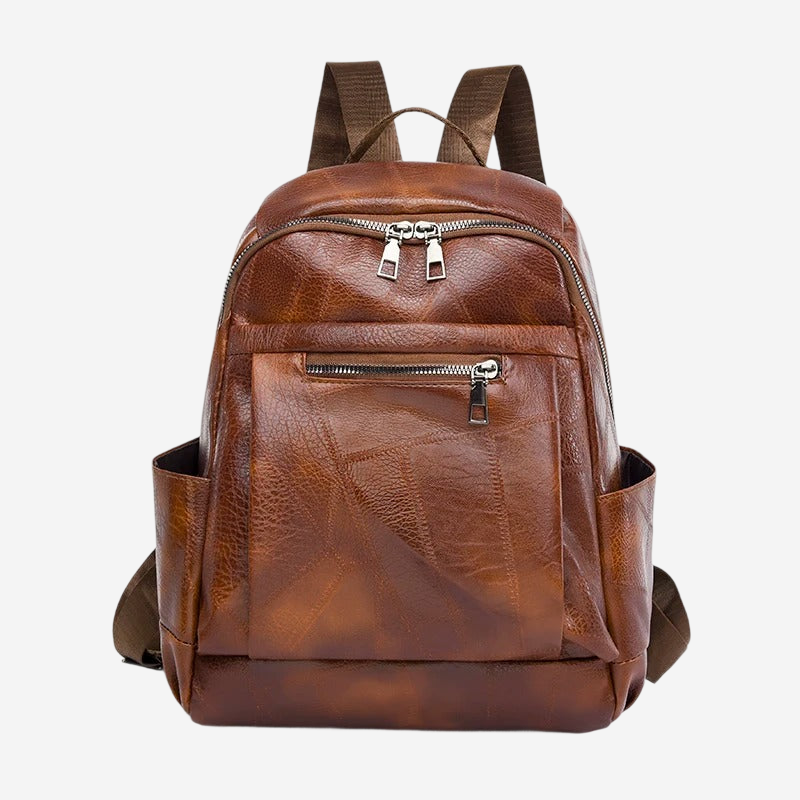 A brown leather backpack with multiple zippers and pockets.