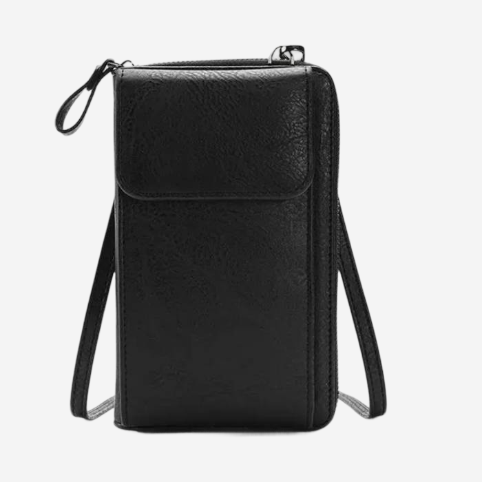 A black leather crossbody bag with a zipper closure and a front pocket.