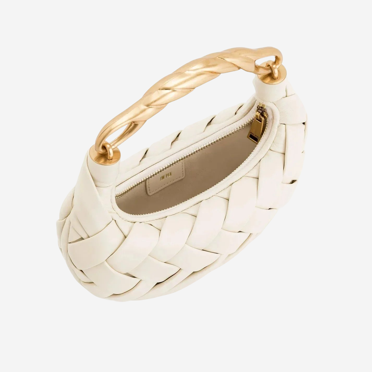 A white woven handbag with a gold handle and zipper.