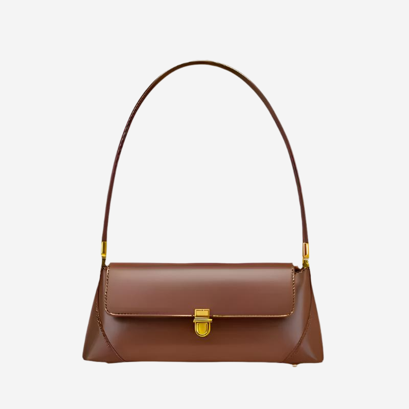 A brown leather handbag with a curved handle and a gold-colored clasp.