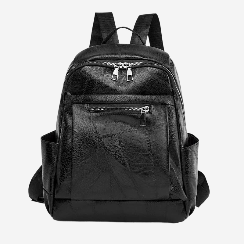 A black leather backpack with multiple zippers and pockets.