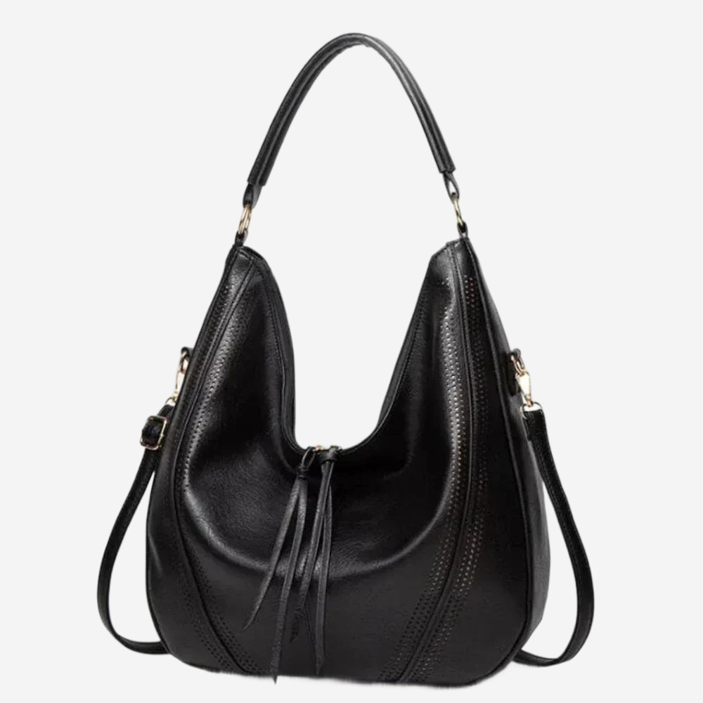 A black leather handbag with a curved shape and two shoulder straps.