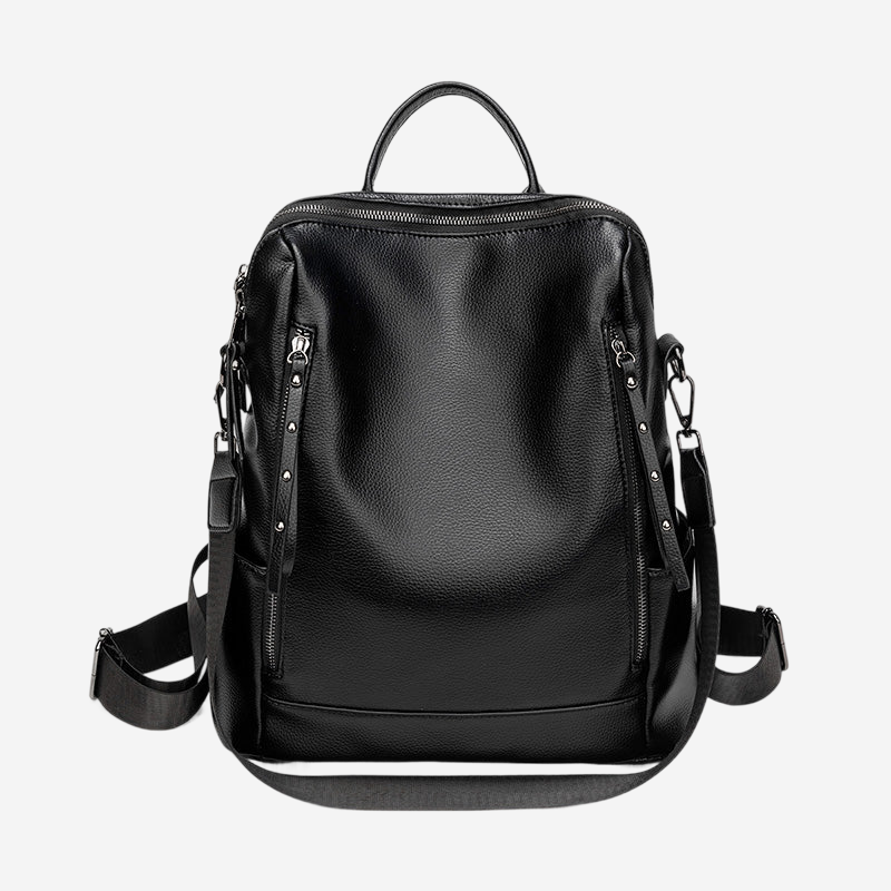 A black leather backpack with multiple zippers and straps.