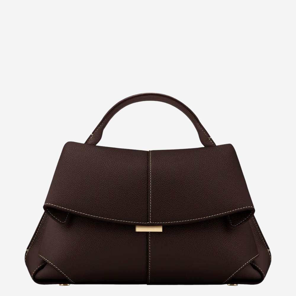 A brown leather handbag with a gold-colored clasp and handle.