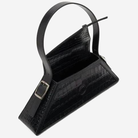 A black leather handbag with a unique, triangular shape and a strap.