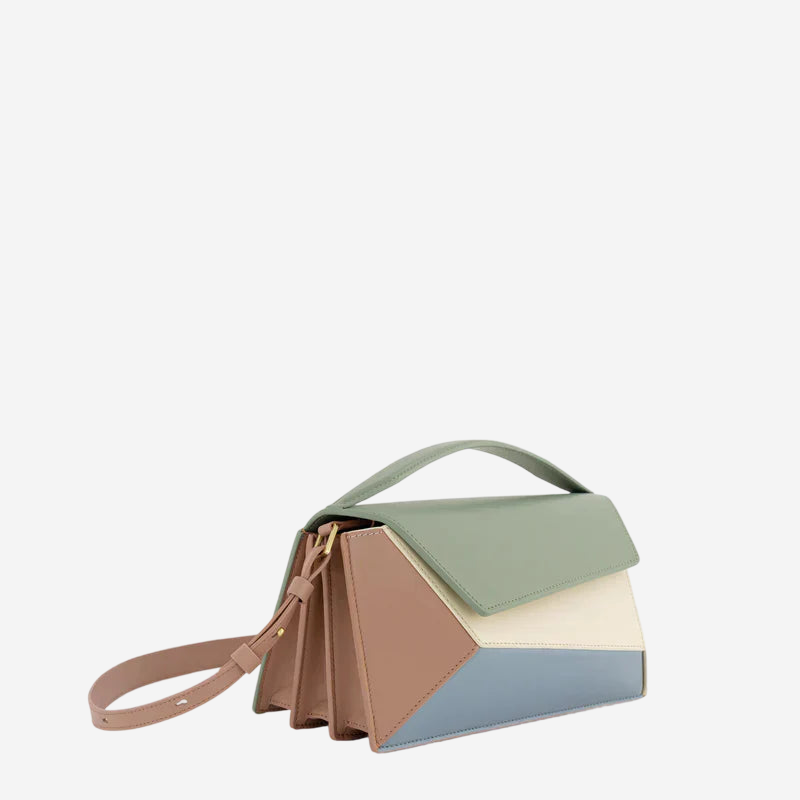 A small, multi-colored handbag with a geometric pattern and a handle.