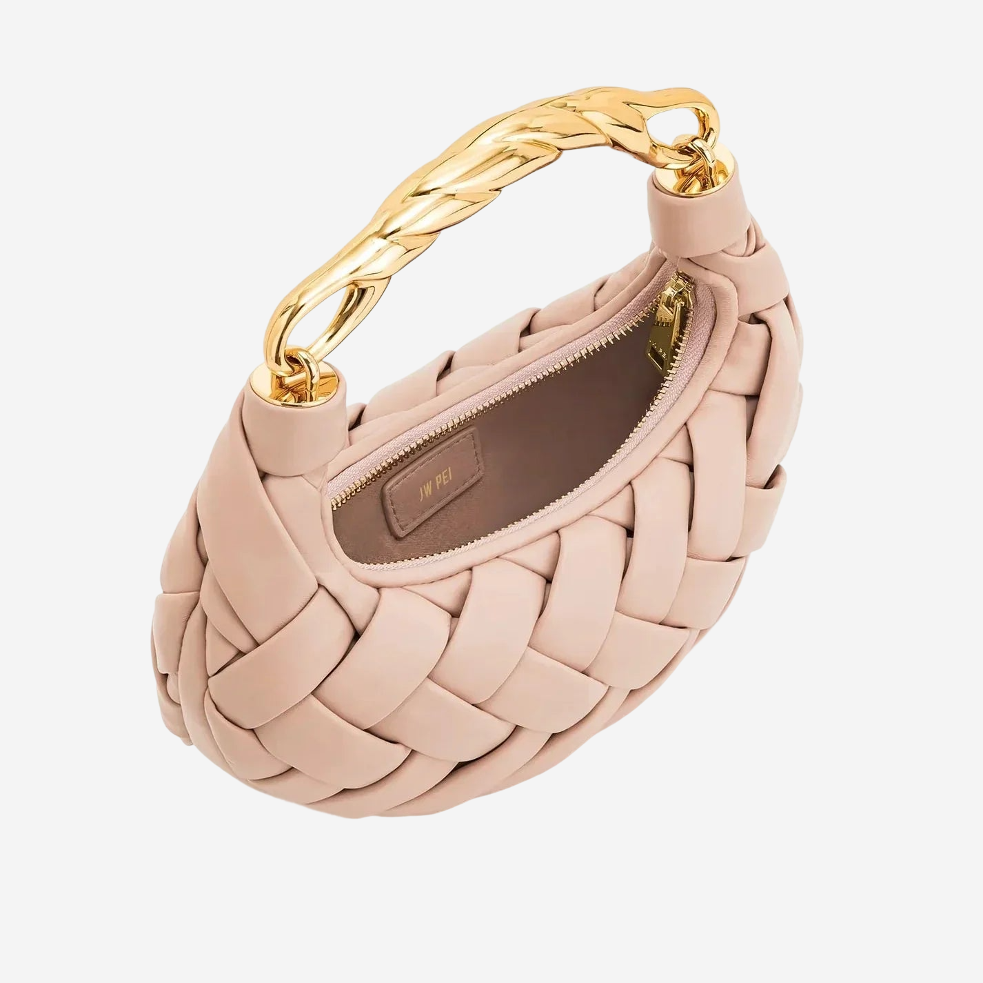 A small, light pink woven handbag with a gold chain handle.