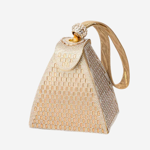 A gold-colored, diamond-encrusted handbag with a handle and a small, round clasp.