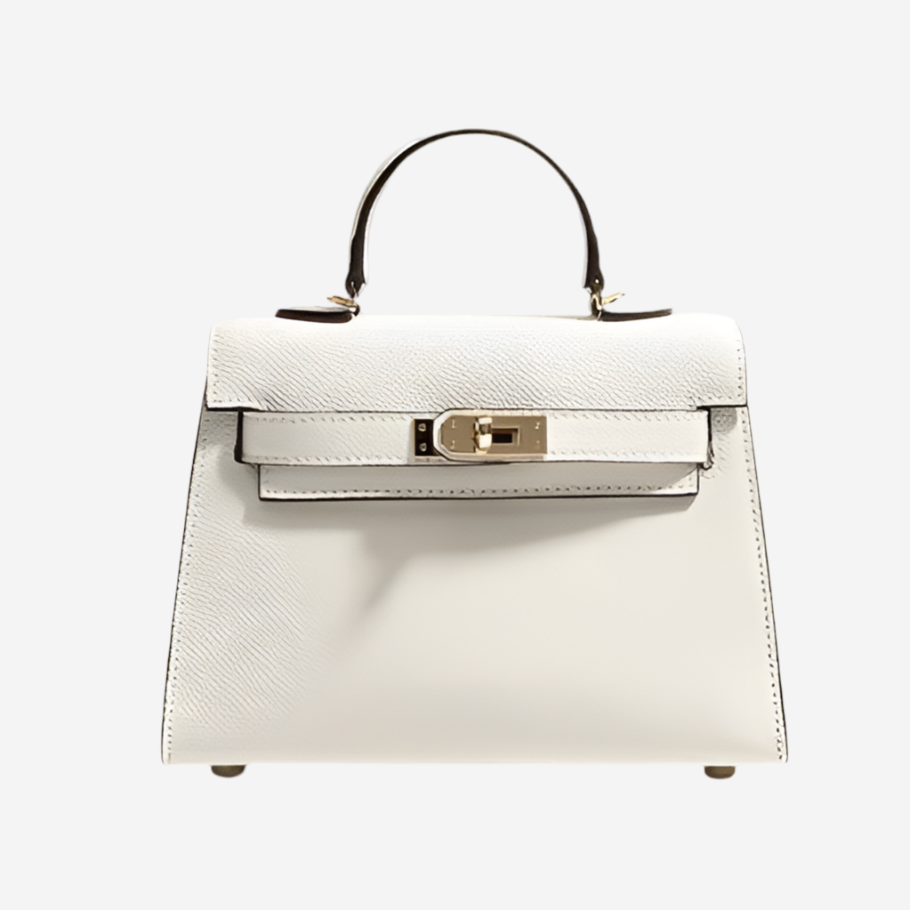 A white leather handbag with a gold lock closure and handle.