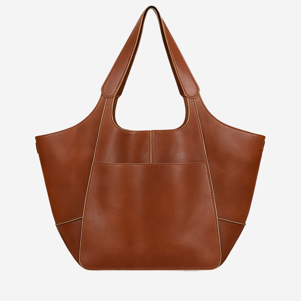 A brown leather tote bag with a curved handle and two pockets.