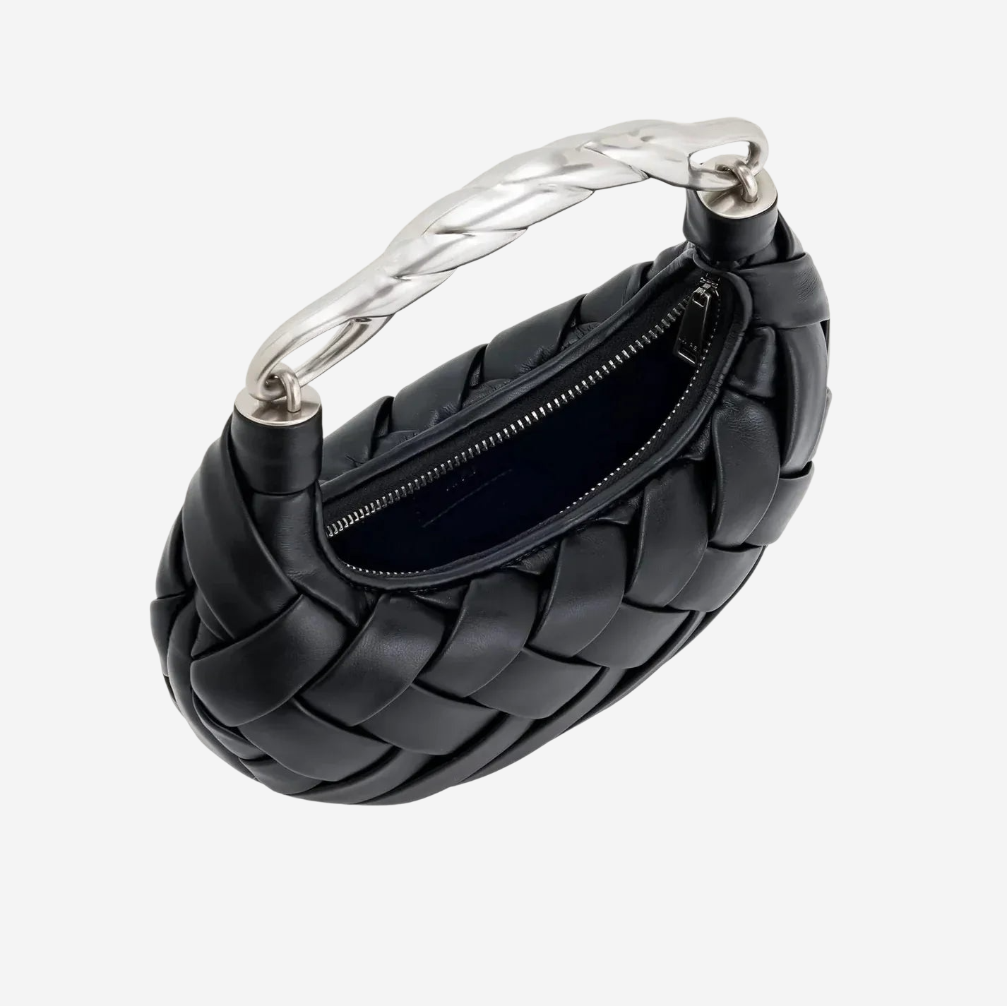 A black woven handbag with a silver metal handle.