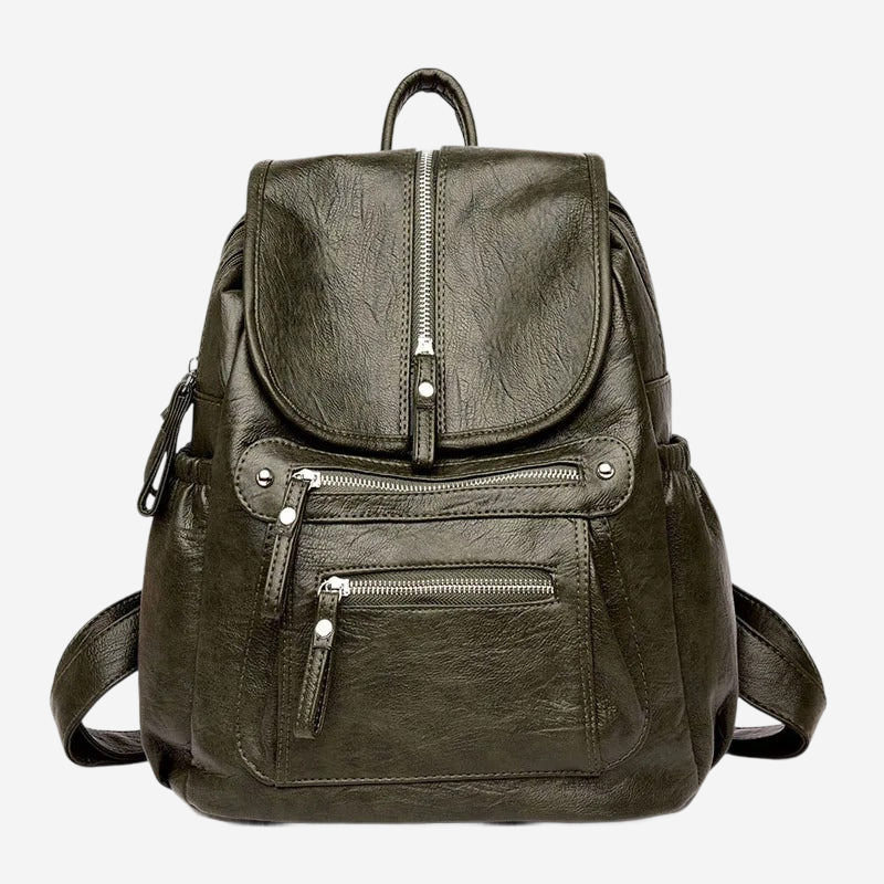 A dark green leather backpack with multiple pockets and zippers.